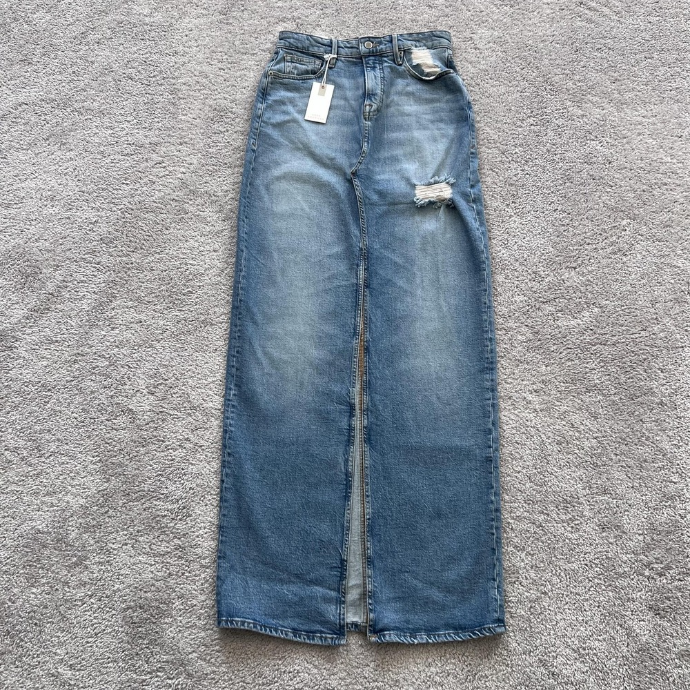 Good American Good Ease Denim‎ Maxi Skirt High Rise Front Slit Womens 0/25 Blue